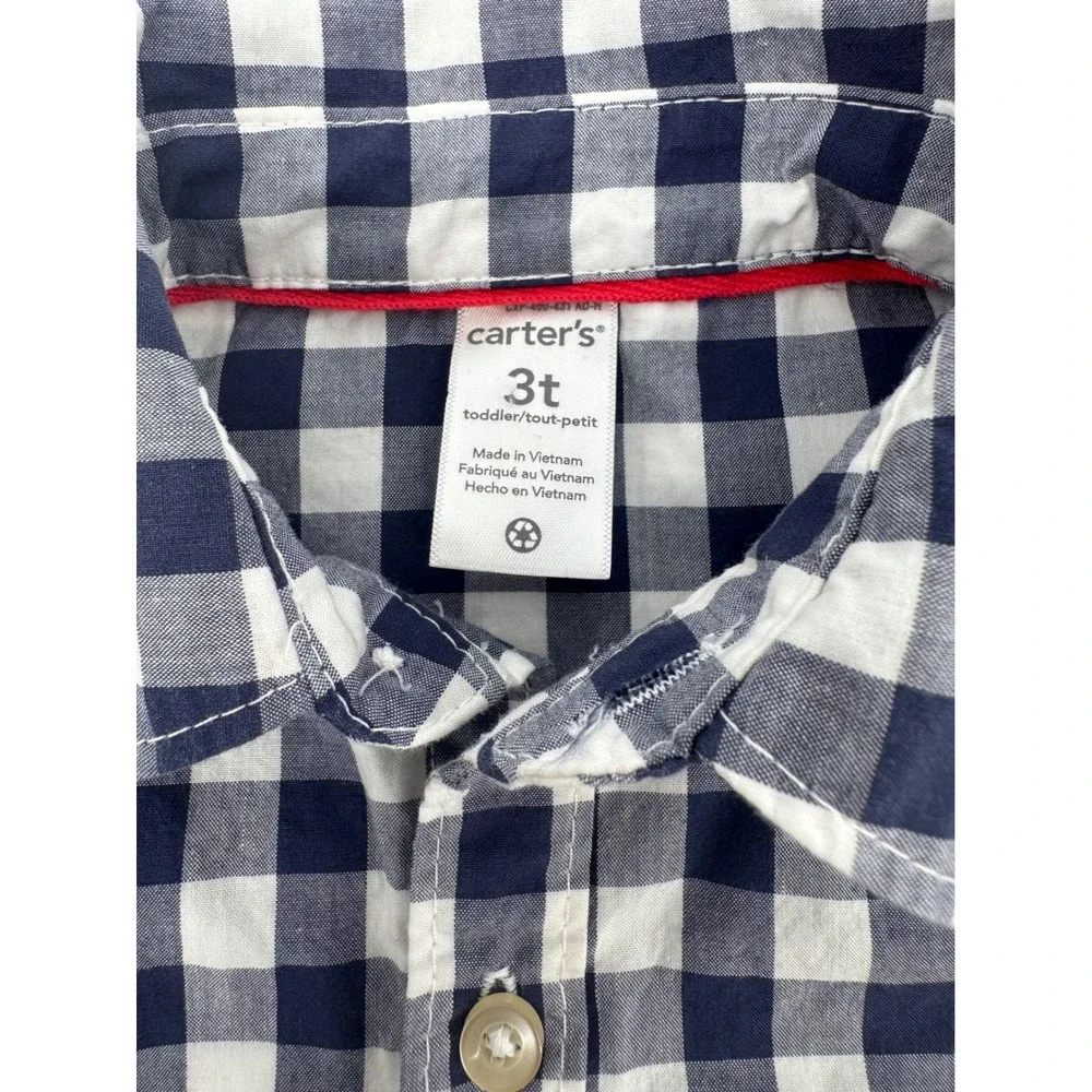 Carters Toddler Boys Navy Gingham Button Down Shirt Dinosaur 3T Long Sleeve